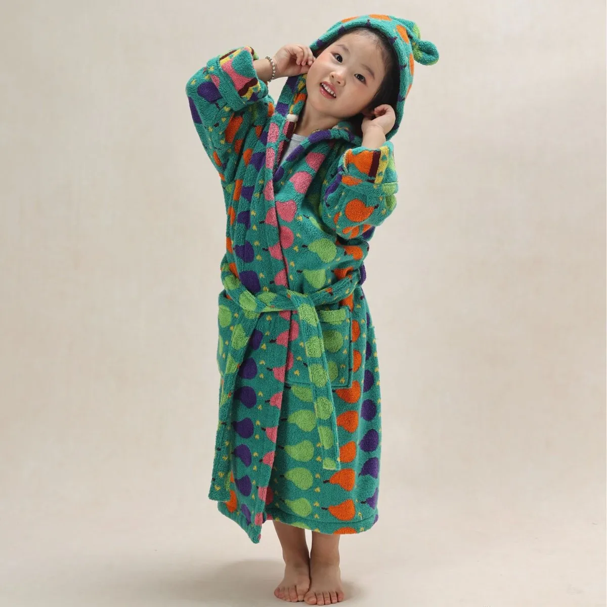 Kids Hooded Pear Print Bathrobe Terry Absorbent Combed Cotton Grade A Soft Cute Stripe Trim Belt Multiple Colors New Fashion