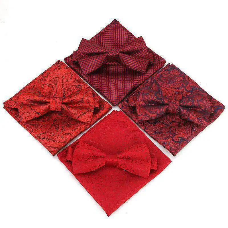 Luxury Versatile Men's Pocket Square Bow Ties Sets Cashew Plaid Jacquard Bowtie Handkerchiefs for Groom Groomsman Wedding Party