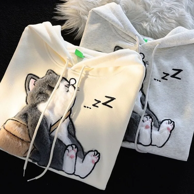 Cat Flocking Cute Loose Hoodie Autumn Woman Casual Sweatshirt Long Sleeve Hooded Streetwear Harajuku Kawaii Fashion Hoodies