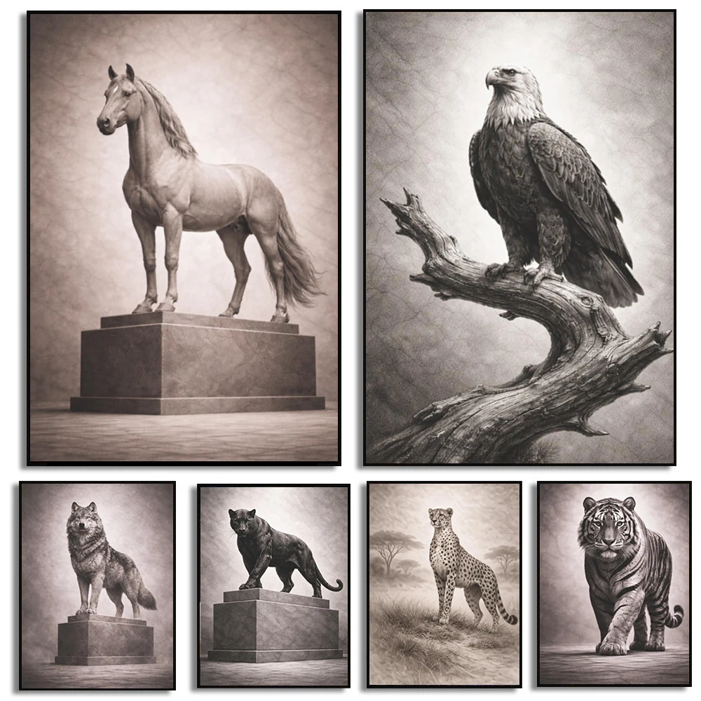 Luxury Animal Statue Poster Black and White Prints Canvas Painting Wall Art Pictures Home Room Elegant Executive Office Decor