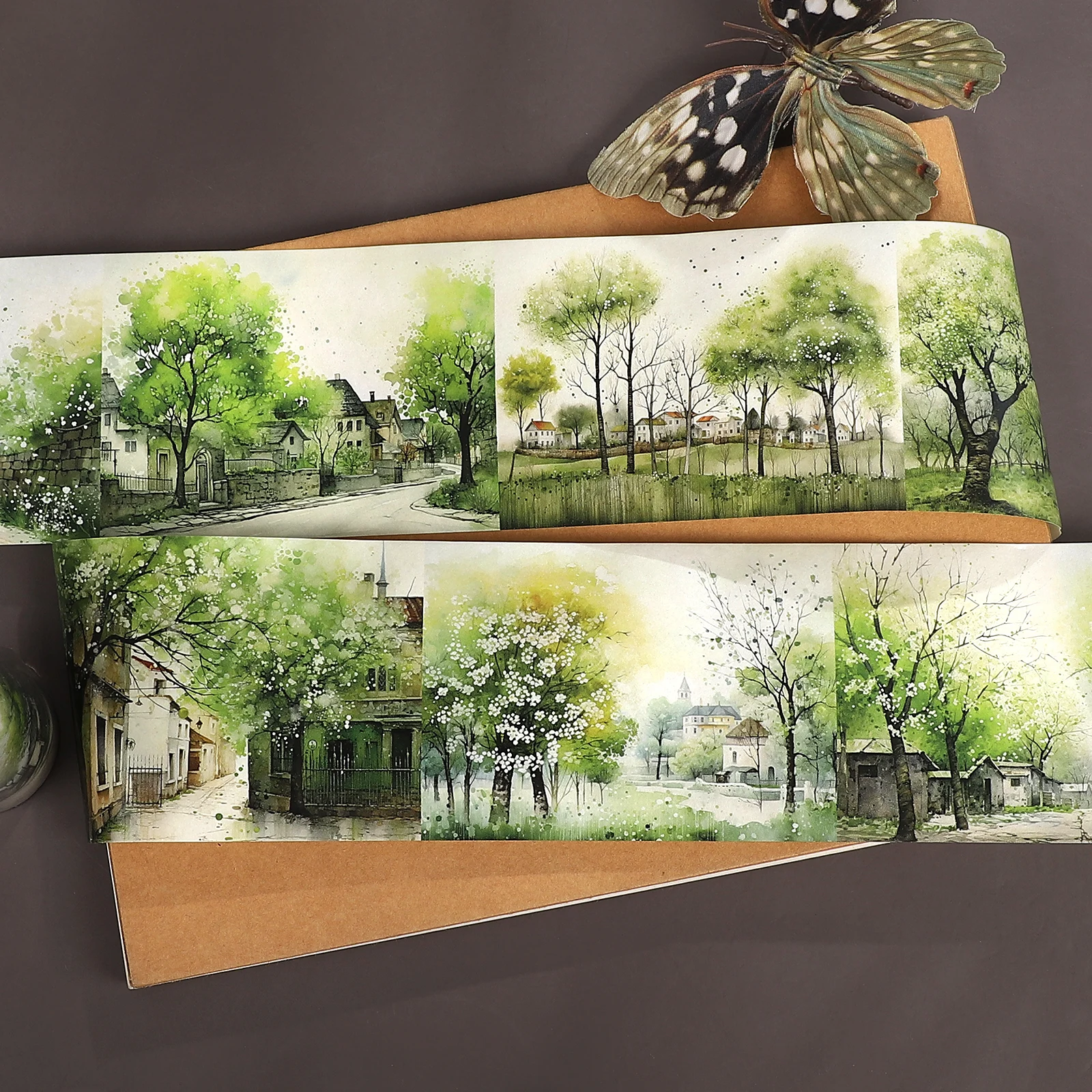 80mm*205cm Vintage Green Countryside Tree Landscape Washi Tape Creative DIY Journal Material Collage Scrapbooking Stationery