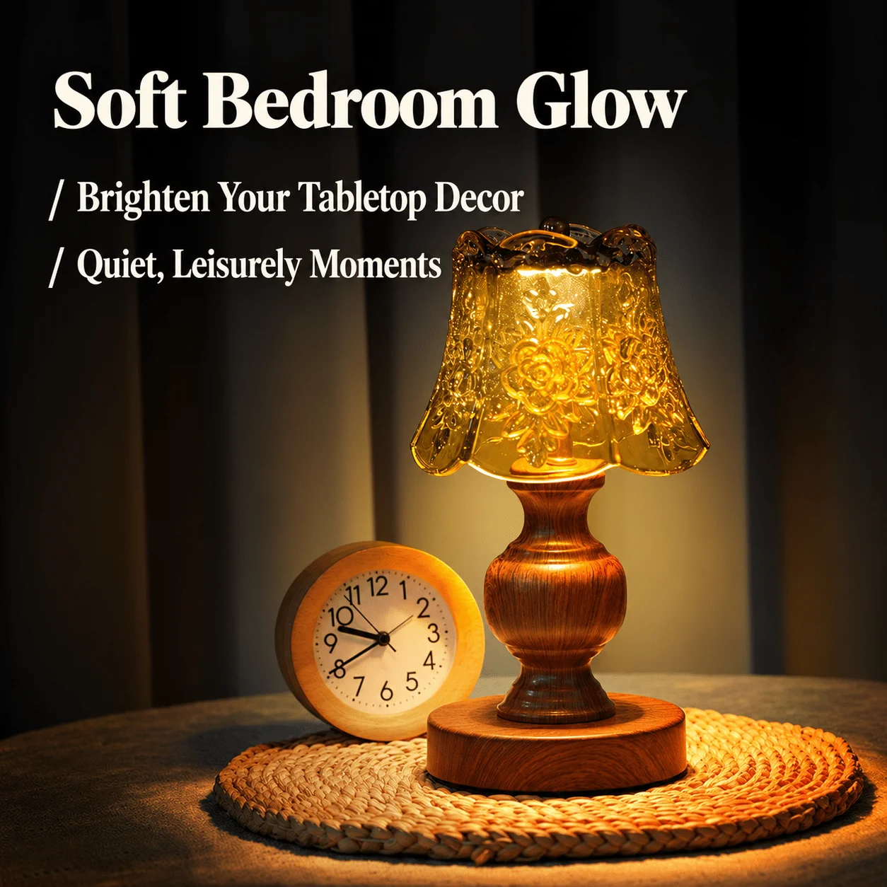 Persun Walnut Wood Tone Retro Glass Table Lamp Glass Lampshade Amber Horizontal Pattern Vintage Glass Night light