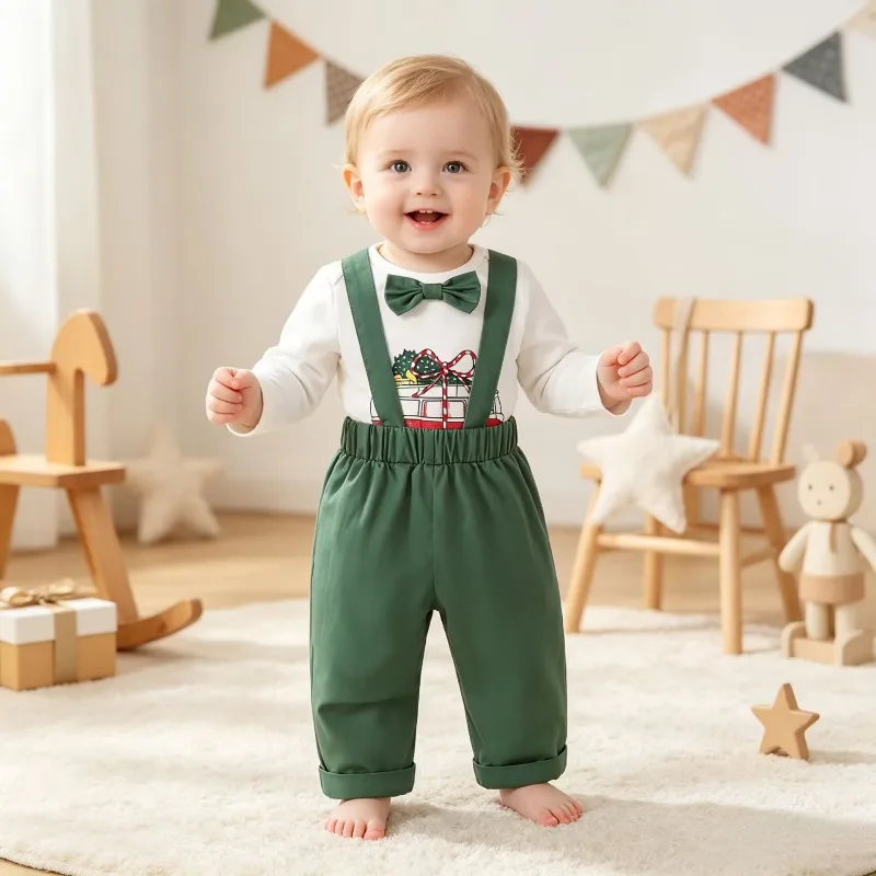 Newborn Baby Boy Party Outfit White Shirt with Christmas Gift Box Print Green Suspender Pants Bow Tie Xmas Holiday Clothes 0 36M
