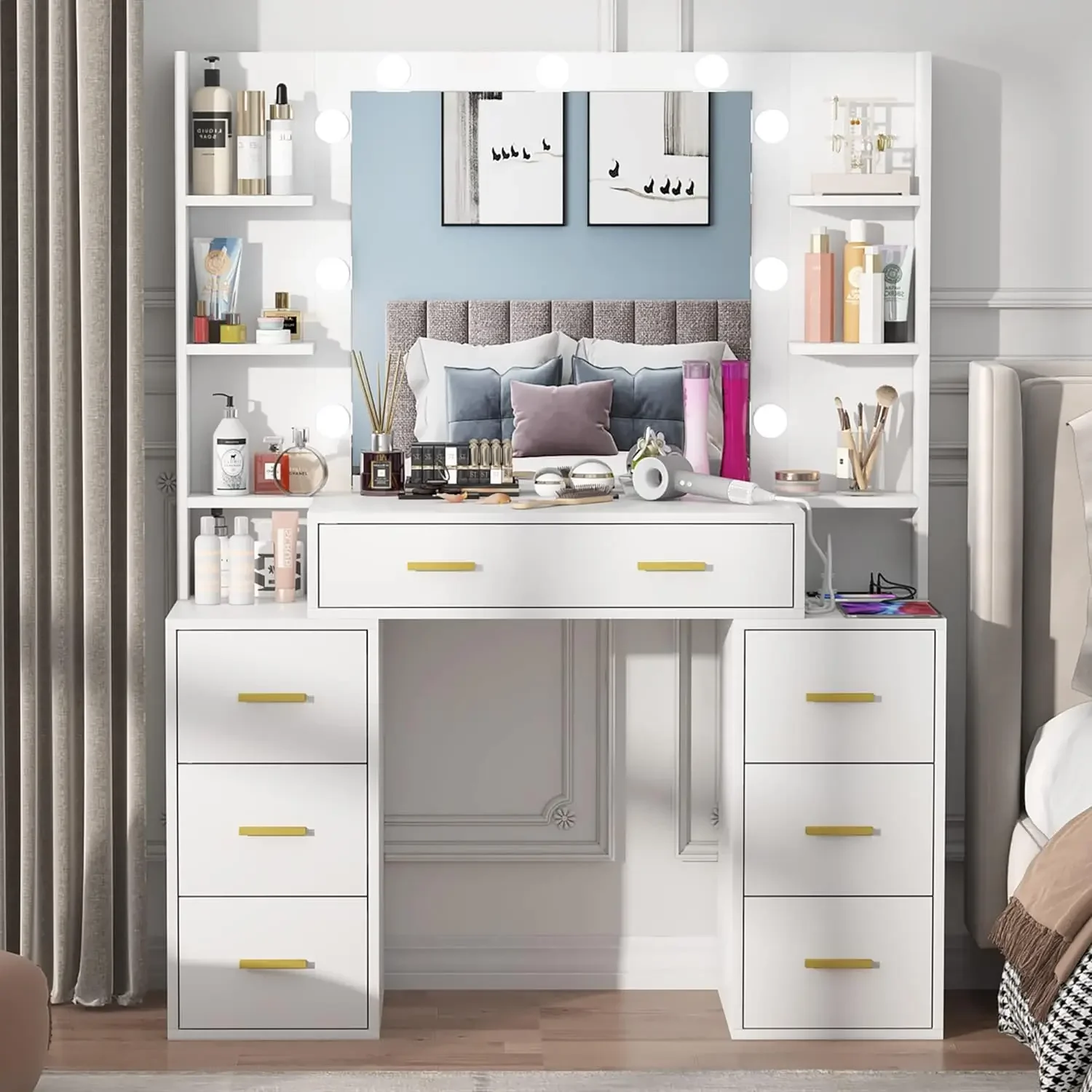 

Vanity Set w/Lighted Mirror, 43'' Makeup w/Charging Station, Vanity Desk w/9PCS LED Bulb, Storage Shelves, 7 Drawers for Bedroom