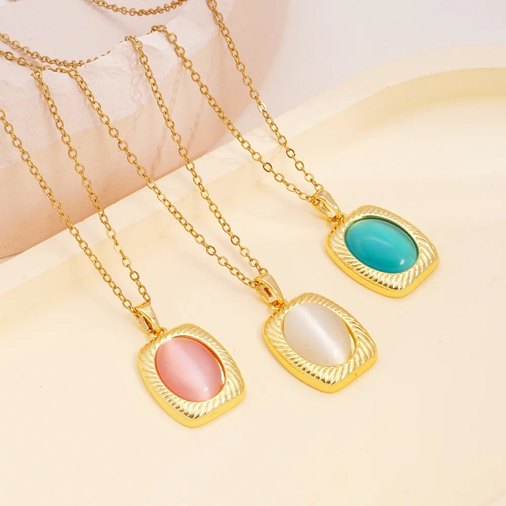 Mode Einfache 3Farben Oval Mondstein Geometrische Anhänger Halskette für Frauen Mädchen Gold Farbe Edelstahl Kette Schmuck Geschenke