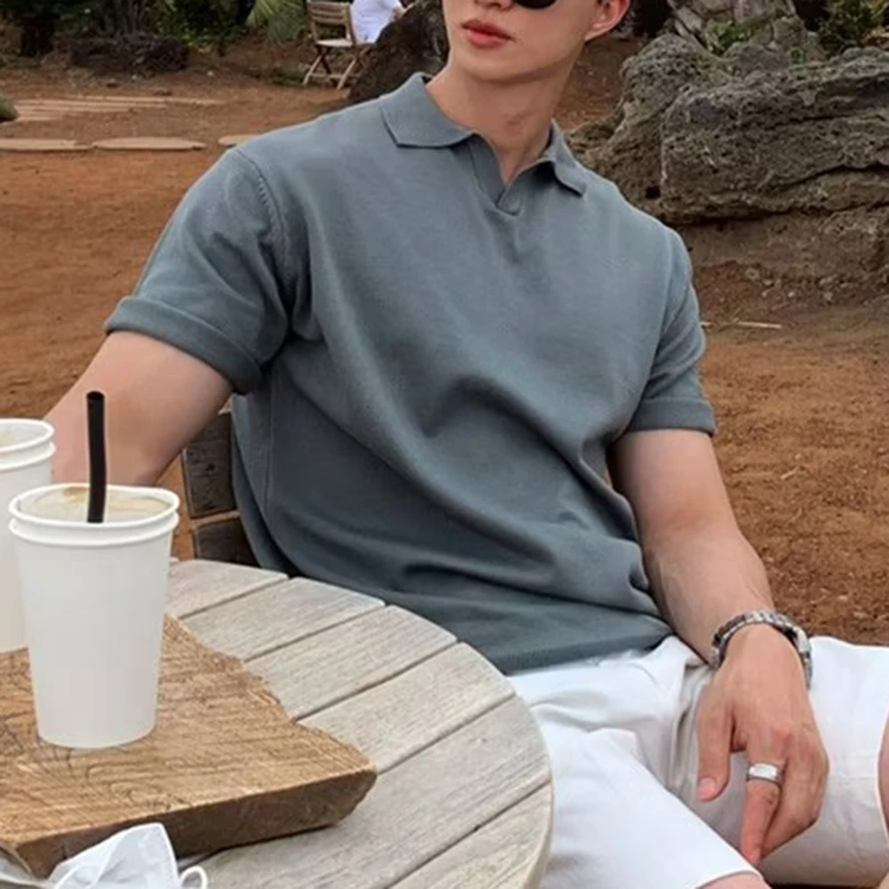 

Vacation Daily Holiday Shirt T-Shirt Breathable Leisure Men Short Sleeve Slim Solid Color Turn Down Male Hot New