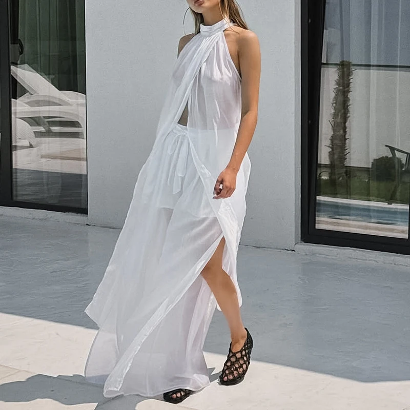 

Летний белый женский комплект для повседневной носки: элегантный, простой, свободный, праздничный, модный дизайн, комплект из 2 предметов с вырезами, длинные топы и брюки