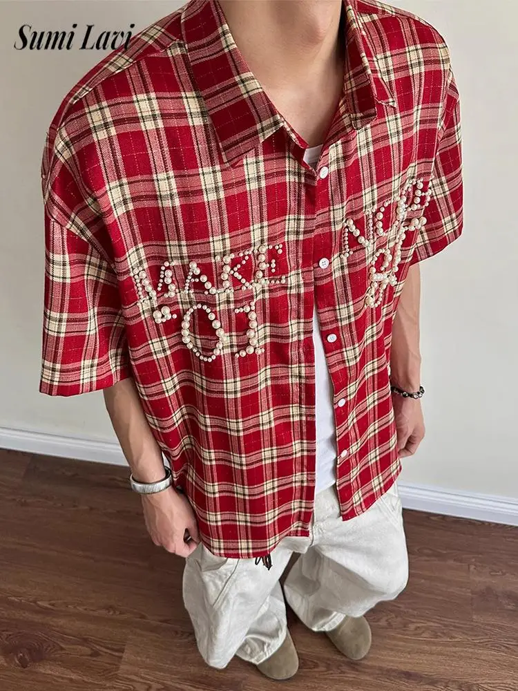 

Stylish Plaid Shirt Men Summer Retro Pearl Designer Shirts For Mens Streetwear Vintage Turndown Collar Short Sleeve Shirt Summer
