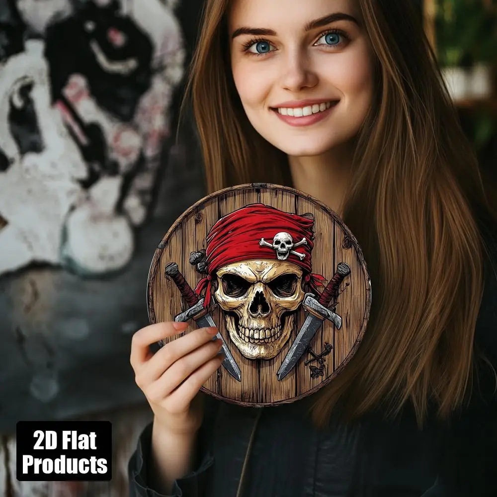 2D Flat Pirate Skull with Ed Swords Wall Art - Vintage Faux Wood Home, Restaurant, Farmhouse Decor Plaque - Unique Gift for Pira