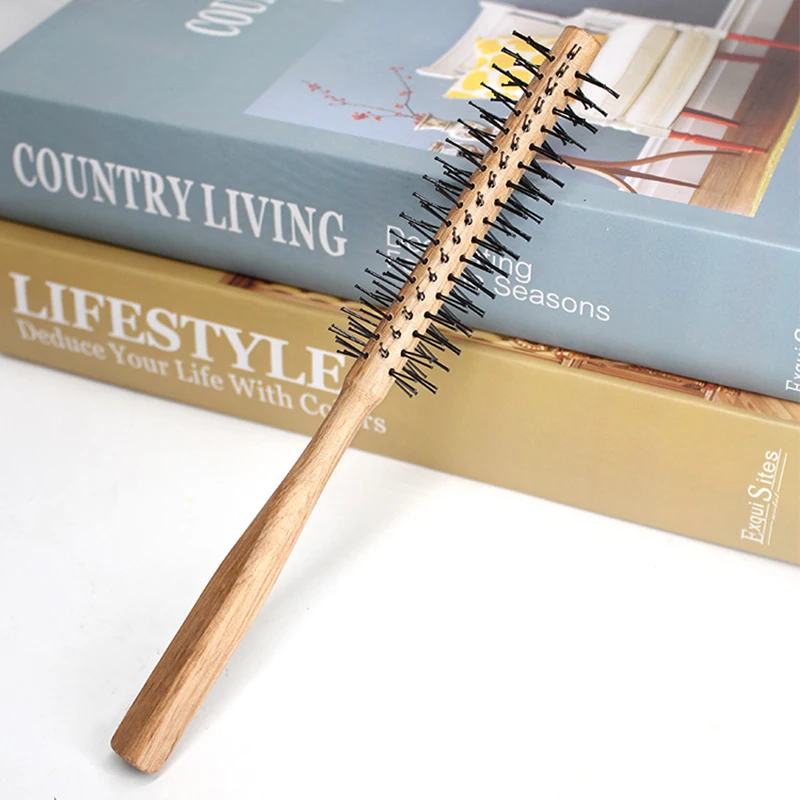 1 Pcs Curly Hair Styling Roller Comb Mini Round Nylon Hair Brush With Wooden Handle For Thin Or Short Hair Men Women Use