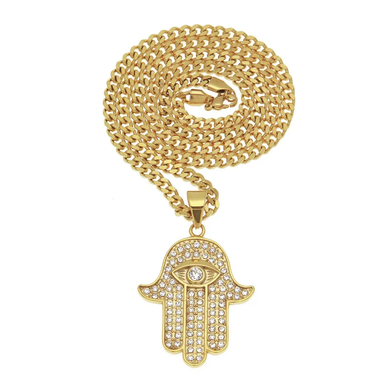 Hip Hop Bling Iced Out Rhinestones Stainless Steel Fatima Hand Pendant Necklace for Men Rapper Jewelry with cuban chain