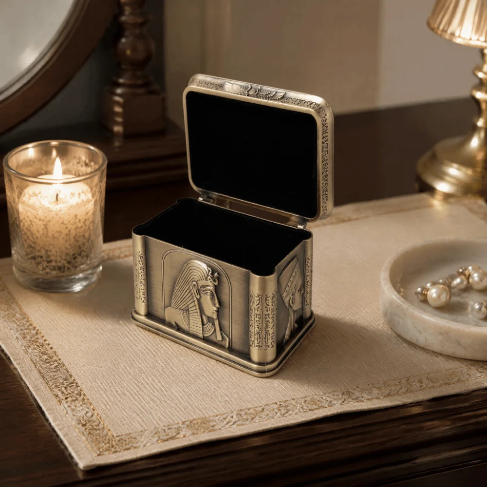 Zinc Alloy Egyptian Jewelry Box Antique Bronze Hinged Lid Jewelry Storage Box Sphinx Relief Rectangular Hinged Trinket Box Home
