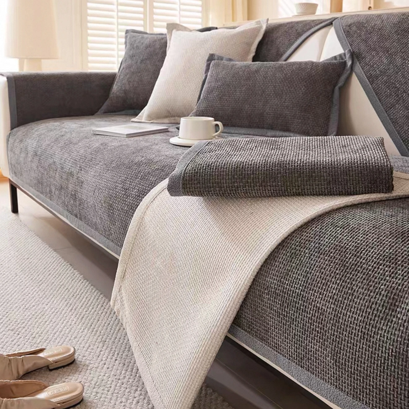 1PC Solid Color Textured Woven Chenille Anti-Slip Wide Edge All-Season Sofa Cover, for Living Room Weaving Style Couch Decor