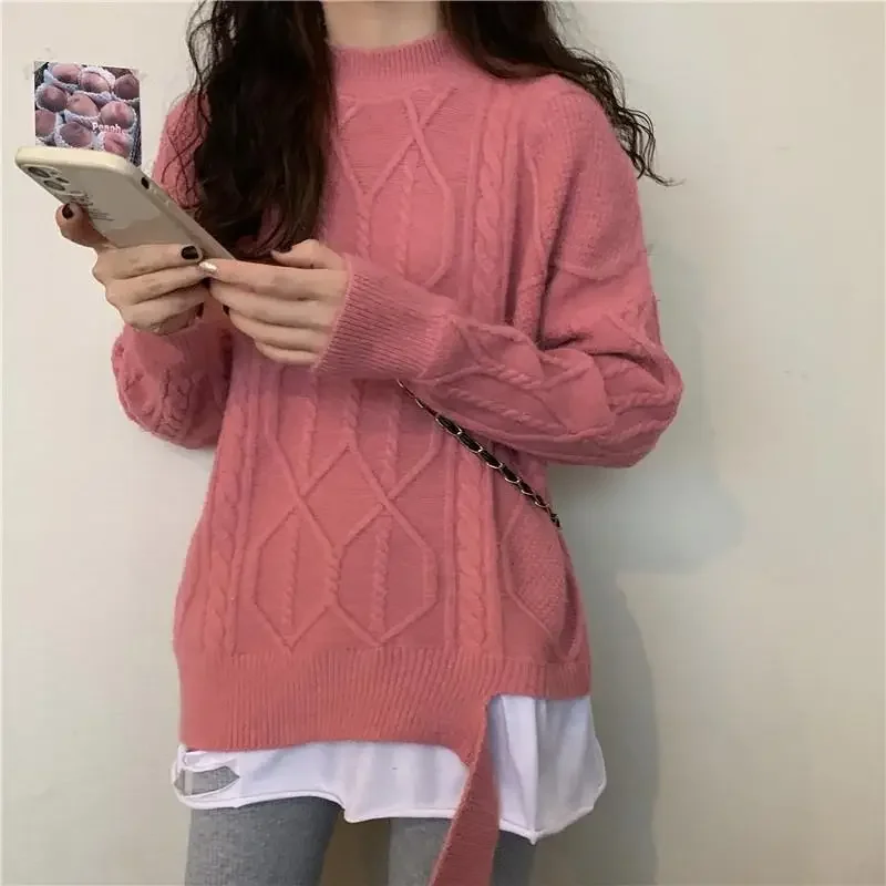 

Trendy Twists Pullover Fake Two Piece Splice Sweater Women Autumn Winter New Lazy Style Long Sleeve Loose Knit Top Design Jacket