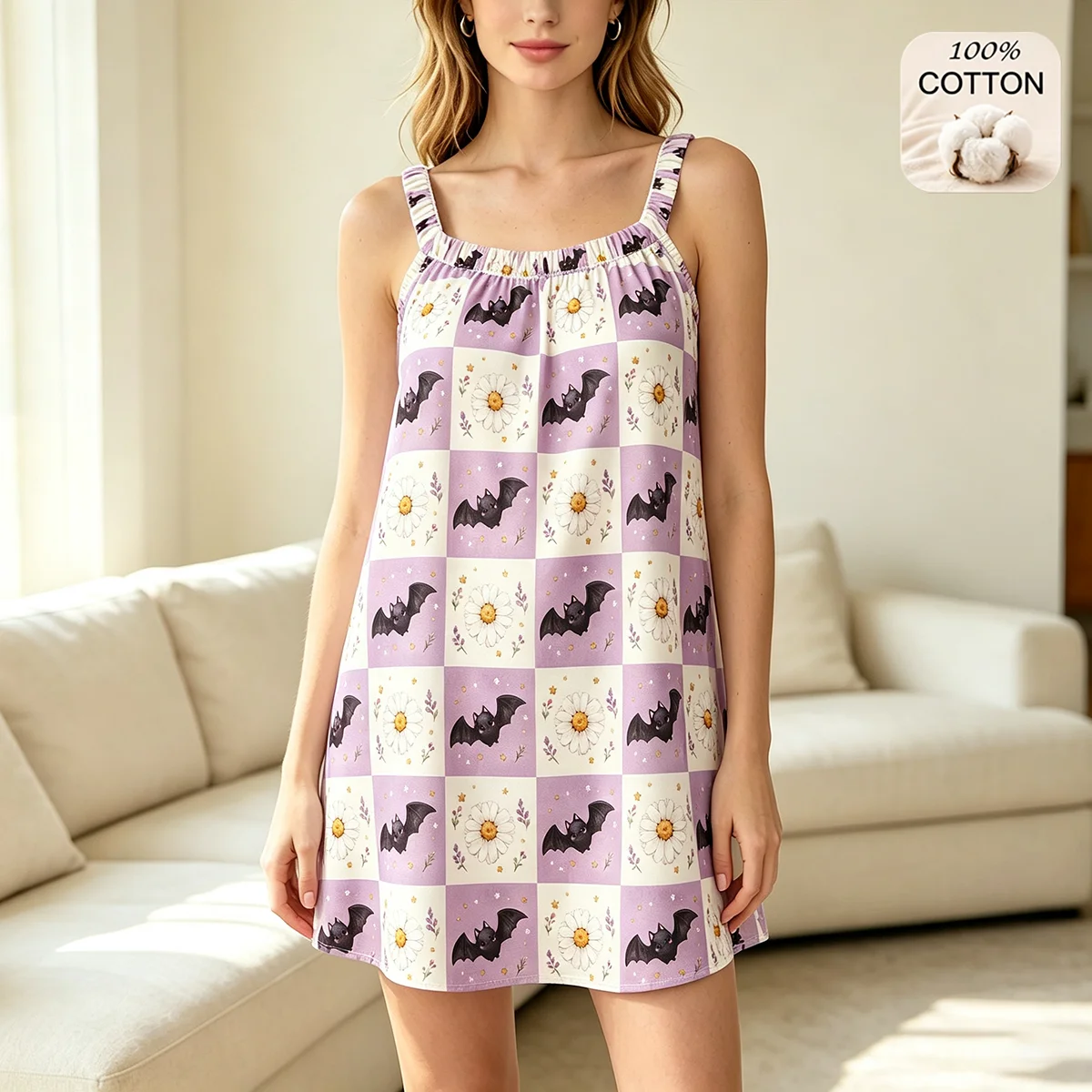 Halloween Cute Ghost Bow Print Sleeveless Pajamas Women's Soft Skin-friendly 100% Cotton Night Dress Casual Camisole Nightgown 3