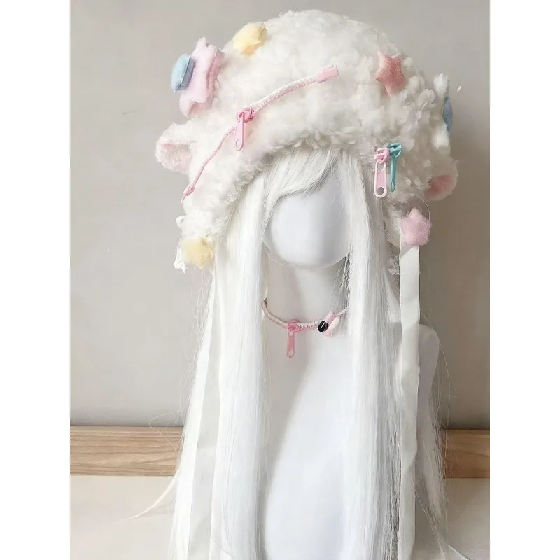 Y2K Cute Cartoon Lamb Hat Autumn Winter Japanese Keep Warm Zipper Star Decoration Harajuku Subculture Sweet Style Fluffy Cap