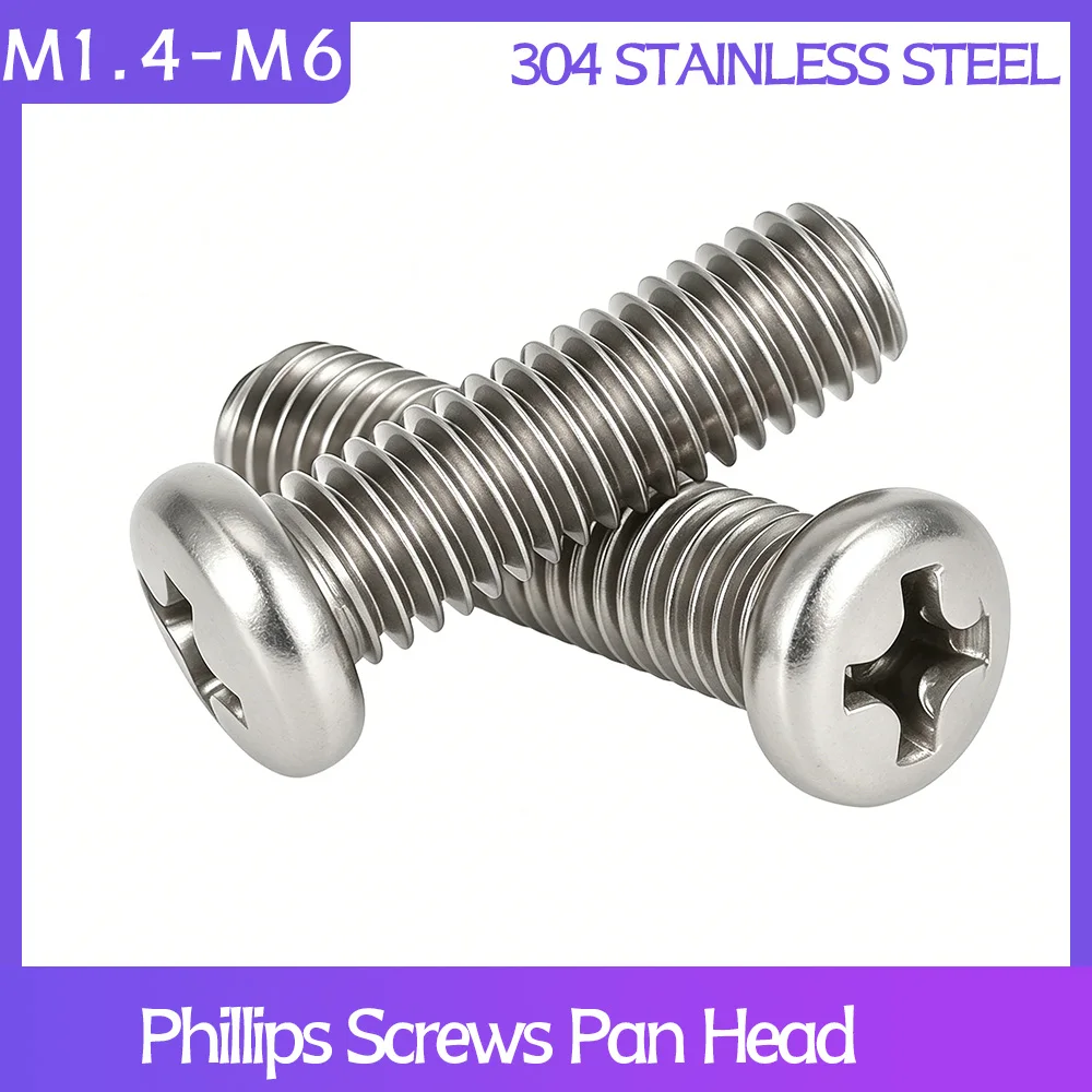 Cross Recessed PM Pan Head Machine Screws M1.4 M1.6 M2 M2.5 M3 M4 M5 M6 A2-70 304 Stainless Steel Phillips Screw Metal Bolts