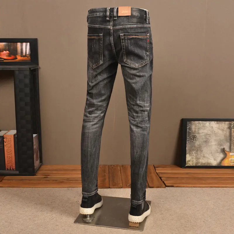 Newly Designer Fashion Men Jeans High Quality Retro Black Gray Stretch Slim Fit Ripped Jeans Men Vintage Designer Denim Pants