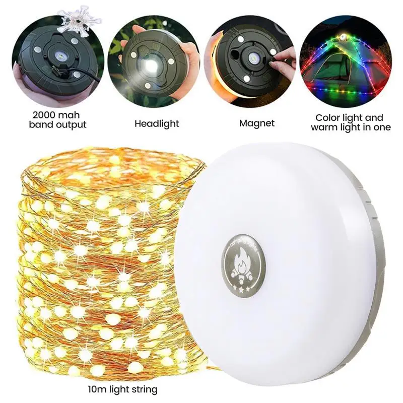 

LED Camping Lights USB Rechargeable Colorful Warm Light 2-In-1 10M String Light Tape Measure Ambience Camping Tent Light