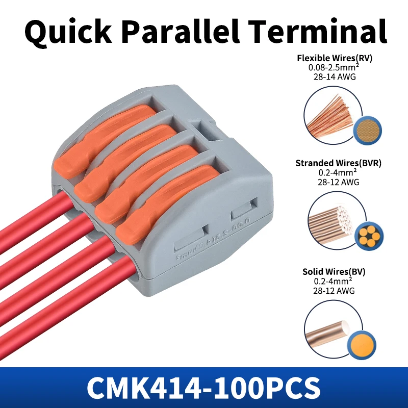 JINH 100PCS CMK414 Lever Wire Quick Connectors 4 Holes Electrical Cable Terminal Block Fast and Stable Connection for Electrical