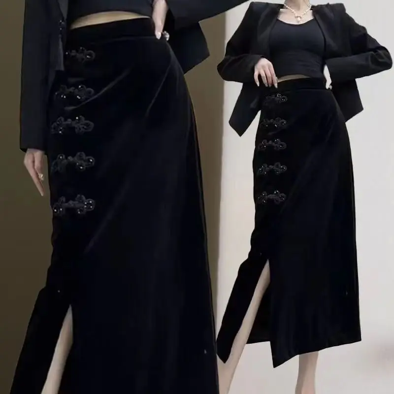 2026 Spring Autumn New Women's Dress with Velvet National Style Buckle Skirt Retro Gold Velvet Female High Waist Split Hip Skirt