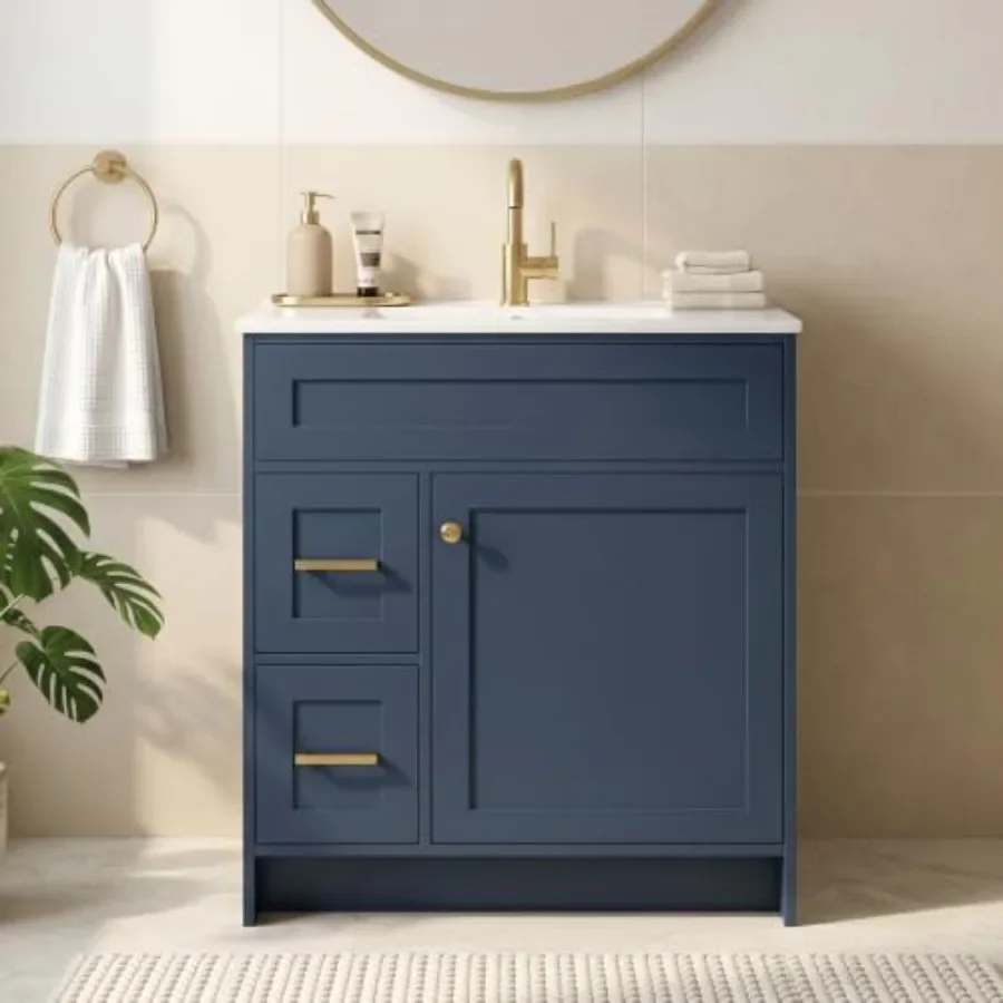 30 Bathroom Vanity with Sink: Farmhouse Style Cabinet in White, Water-Resistant Surface, Elegant Gold Hardware, Durable Hinges,