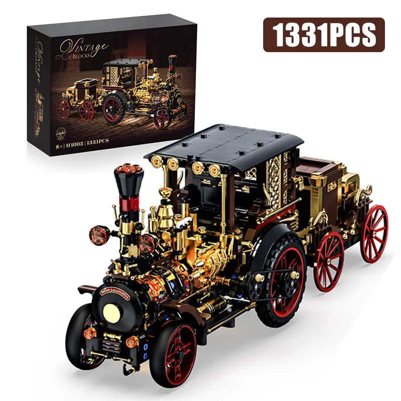 

Технический конструктор 1331 деталь: Ретро-паровоз в стиле стимпанк, классический винтажный автомобиль, коллекционные кирпичики MOC, игрушки для мальчиков, подарок