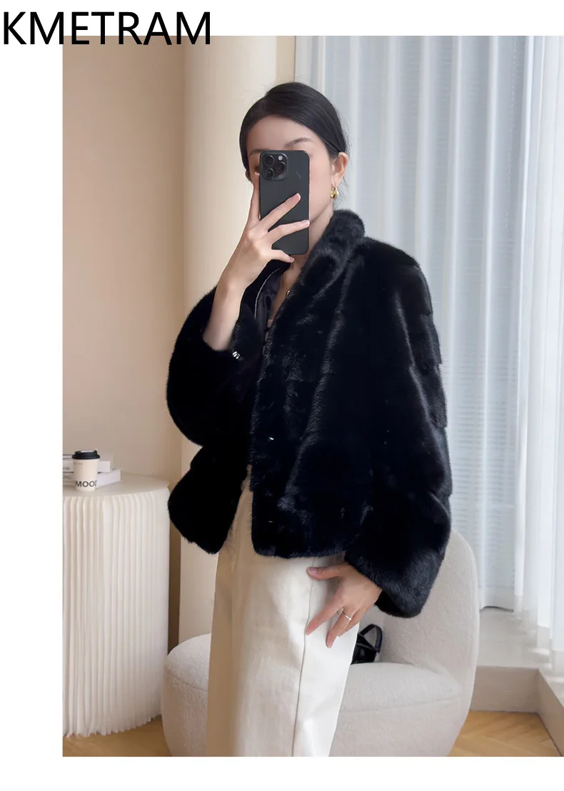 KMETRAM 100% veste de fourrure de vison entière femme col montant court noir vestes de fourrure véritable hiver nouveau dans manteaux femmes vêtements 2025 шу sik