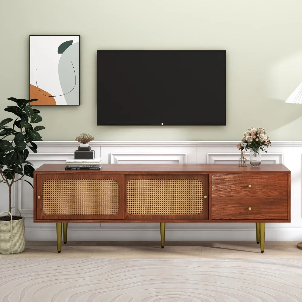 Stilvoller TV-Ständer aus Walnussholz mit 2 Rattan-Schiebetüren und praktischen Schubladen aus dunklem Kunststoff und Rattan – Detail 26