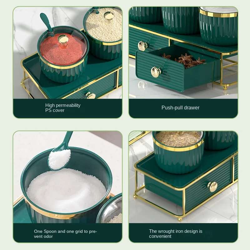 Green Spice Jar Storage Box Set Gold Border Chili Spice Dispensing Box Sugar Jar Kitchen Multi-purpose Shelf Kitchen Utensils