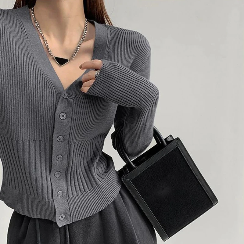 Korean Style Slim Fit Black Cardigan Woman Long Sleeve V Neck Cardigans Women 2024 Chic Solid Color Knitted Crop Tops Female