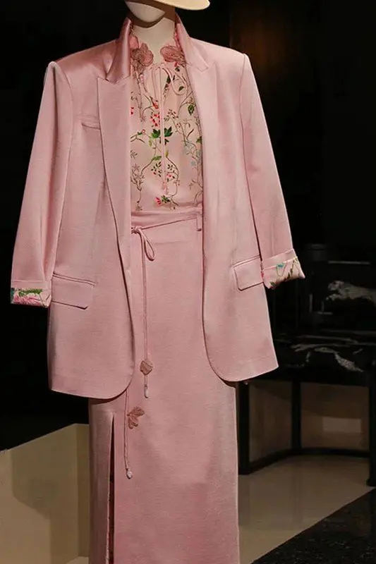 

Insozkdg Luxury High end Suit Pink Suit Jacket High Waist Midi Skirt Set Auutmn Formal Professional Two Piece Set Women Outfits
