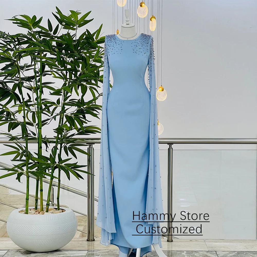 Abito da sera arabo personalizzato Abito da ballo Elegante girocollo maniche lunghe Perle Perline Abiti da festa arabi sauditi
