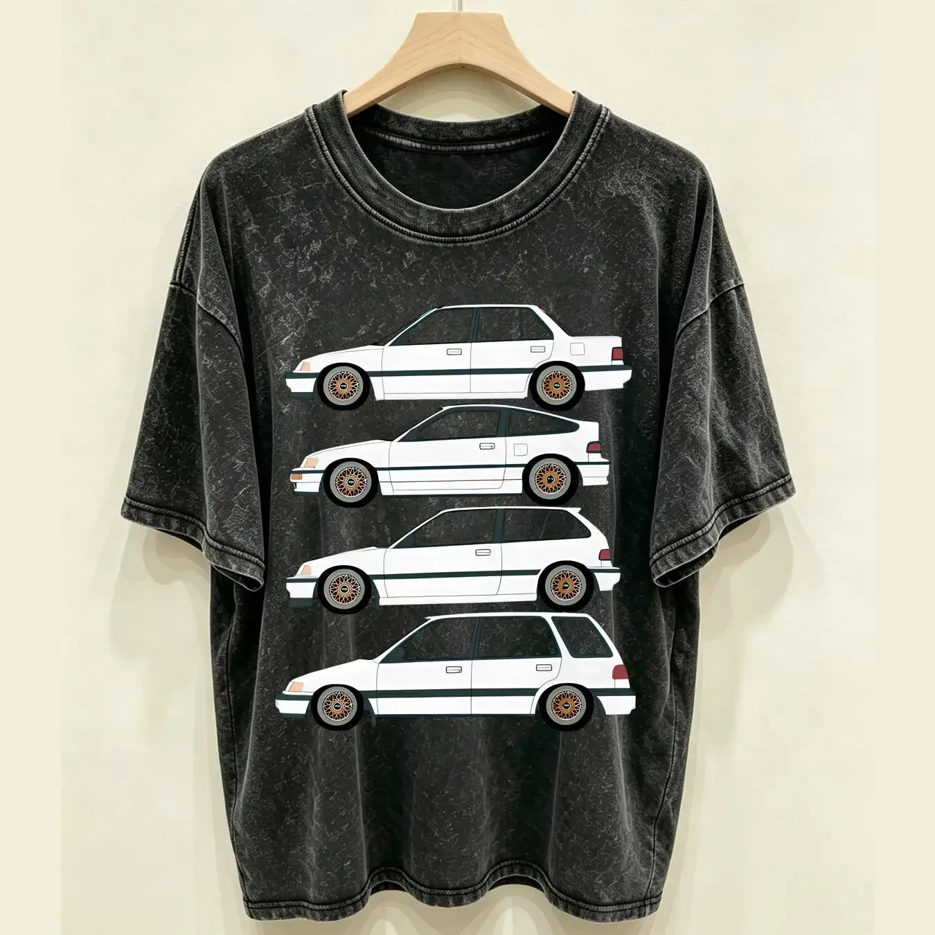 washed T Shirt 1991 Civic EF line up in white long or short sleeves vintage Washed Slightly Breathable homme Versatile Stylish