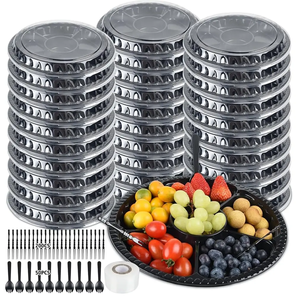 

30 Pieces Appetizer Serving Trays With Lids 12.5 Hes Disposable Veggie Fruit Tray 6 Divided Compartment Container Round Food