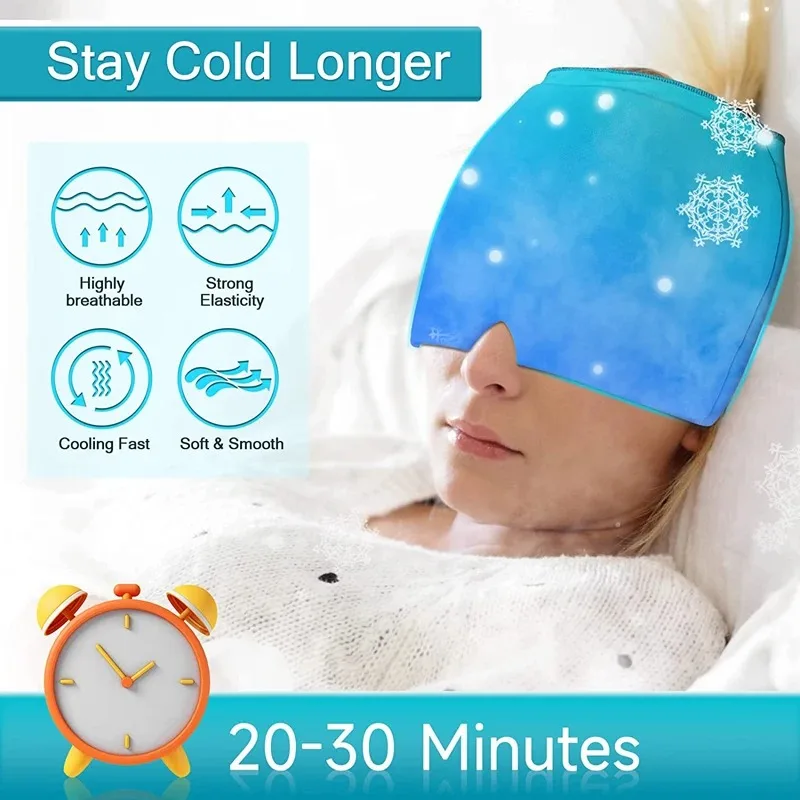 Gel Ice Headache Relief Hat, Form Fitting Cold Compress Mask for Migraine, Sinus Tension Stress Cap, Reusable Therapy Wrap