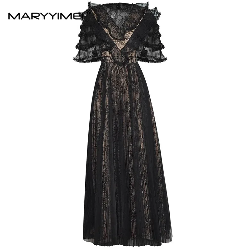 

MARYYIMEI Summer Fashion Designer Women's dress Short sleeved Mesh Ruffles Pleated Elegant Party Long Dresses