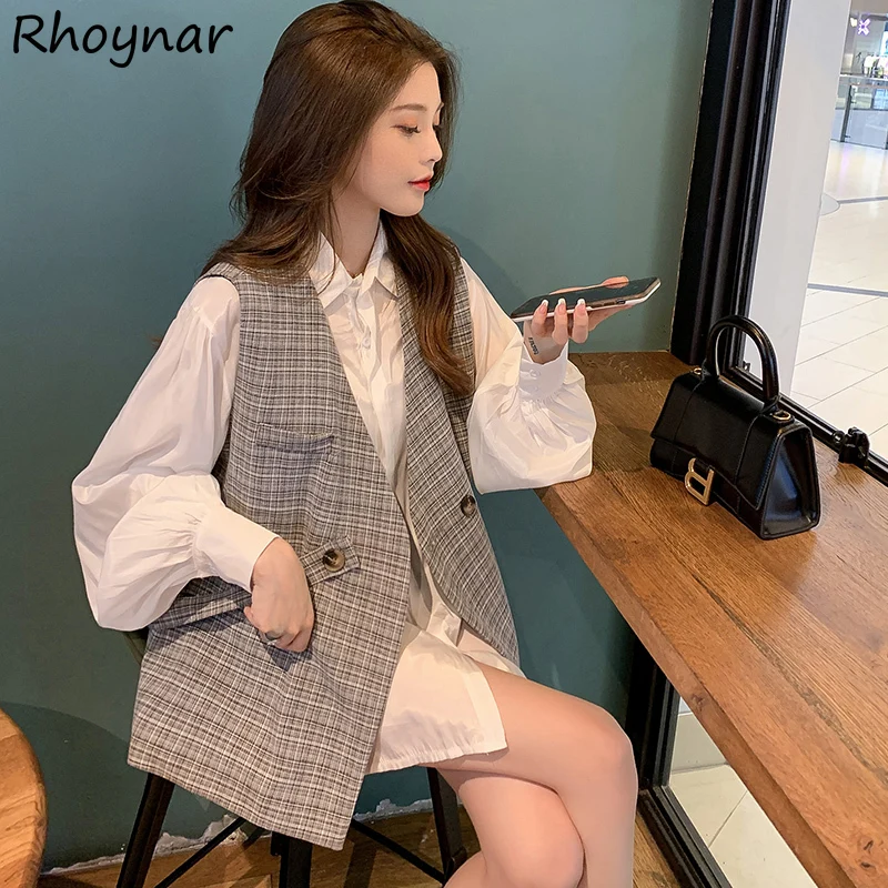 

Autumn Vests Women Plaid V-neck Loose Vintage All-match Elegant Streetwear Female Office Lady Basic Tops Korean Style Chic Mujer