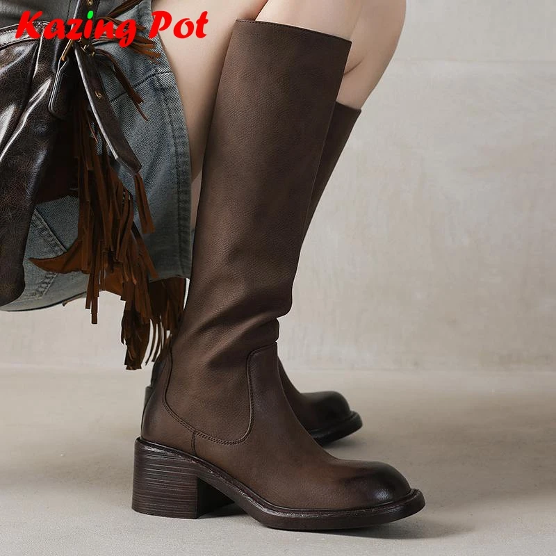 

Krazing Pot Cow Split Skin Round Toe Thick High Heels Luxury Riding Boots Warm Winter Shoes Black Brown Women Knee-high Boots