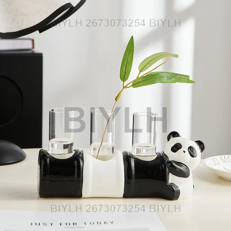 

2/3 Hole Ceramic Panda Hydroponic Vase Home Decoration Panda-shaped Ornaments Green Plant Flower Arrangement Small Desktop Vase