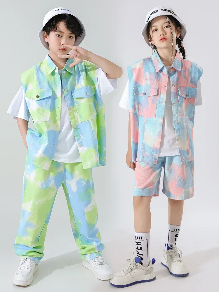 

Modern Jazz Performance Clothes Boys Hiphop Stage Outfits Kids Hip Hop Dance Costume Fashion Tie Dyed Vest Pants Girls