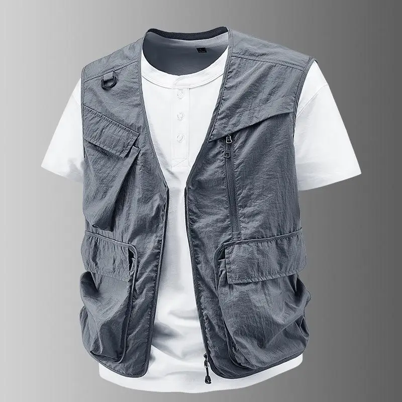 Summer Thin Quick Drying V-neck Vest For Men Multi Pocket Workwear Vest Outdoor Breathable Fishing Sleeveless Vest Print Logo