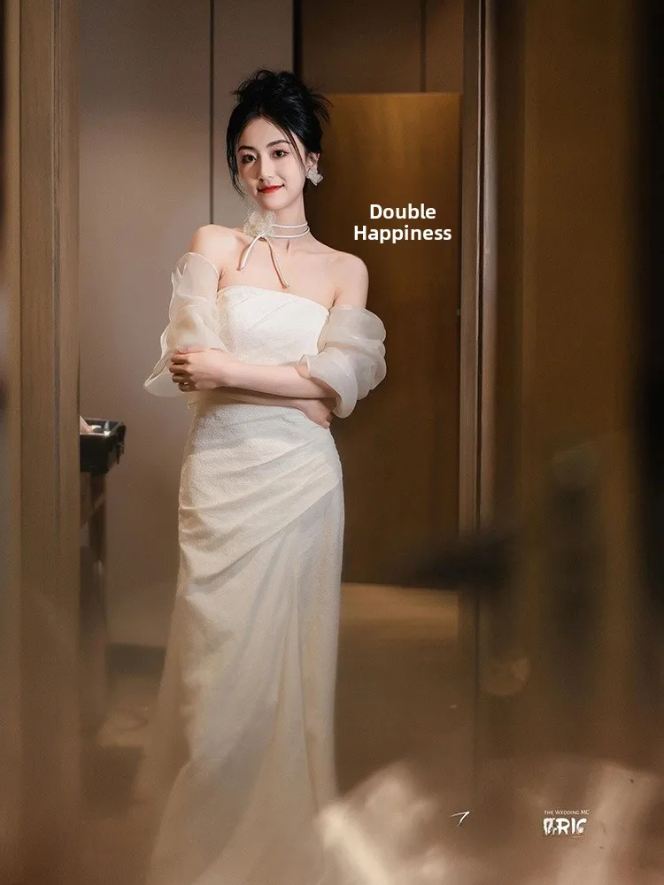 

Роскошный утренний халат для невесты, матовый белый, для свадебной церемонии, регистрации, винтажный, с завышенной талией, А-силуэт