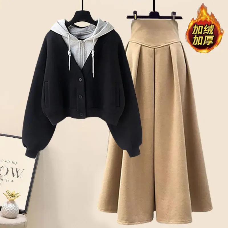 Autumn and Winter Set Women\'s 2023 New Korean Edition Slim Hooded Top High Waist Half Skirt Two Piece Set Fashion