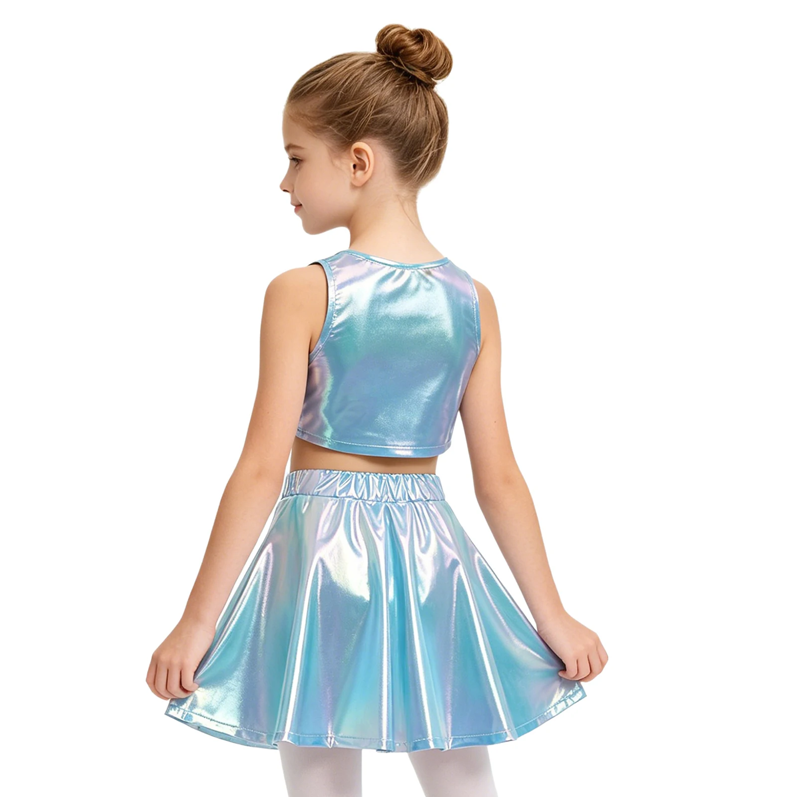 Kids Girls Shiny Metallic Modern Jazz Dance Outfit Sleeveless Crop Top with Tutu Skirt Set for Hip Hop Cheerleading Performance