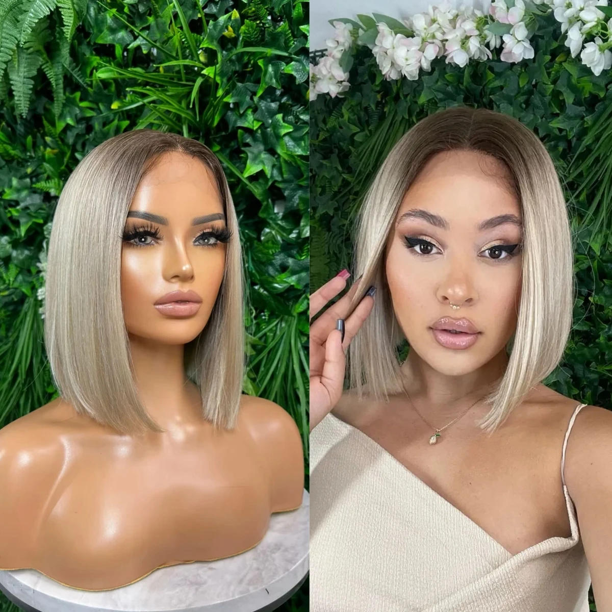 

12-дюймовый темный корень Ombre Белый Блондин Боб Невидимый синтетический парик фронта шнурка Мягкая реалистичная линия волос Натуральная прямая повседневная одежда