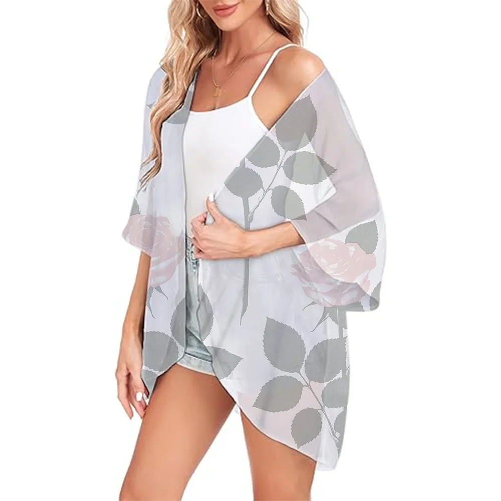 Elegant 3d Leaf Printed Kimono Summer Beach Kimono For Women Chiffon Cover Ups Fashion Breathable Swimwear Coat Kimono Jacket