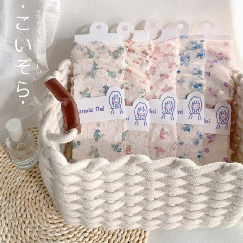New Summer Women's Socks Kawaii Cute Sweet Lace Beautiful Monet Garden Small Floral Socks Breathable Thin Jk Fairy Mid-tube Sock