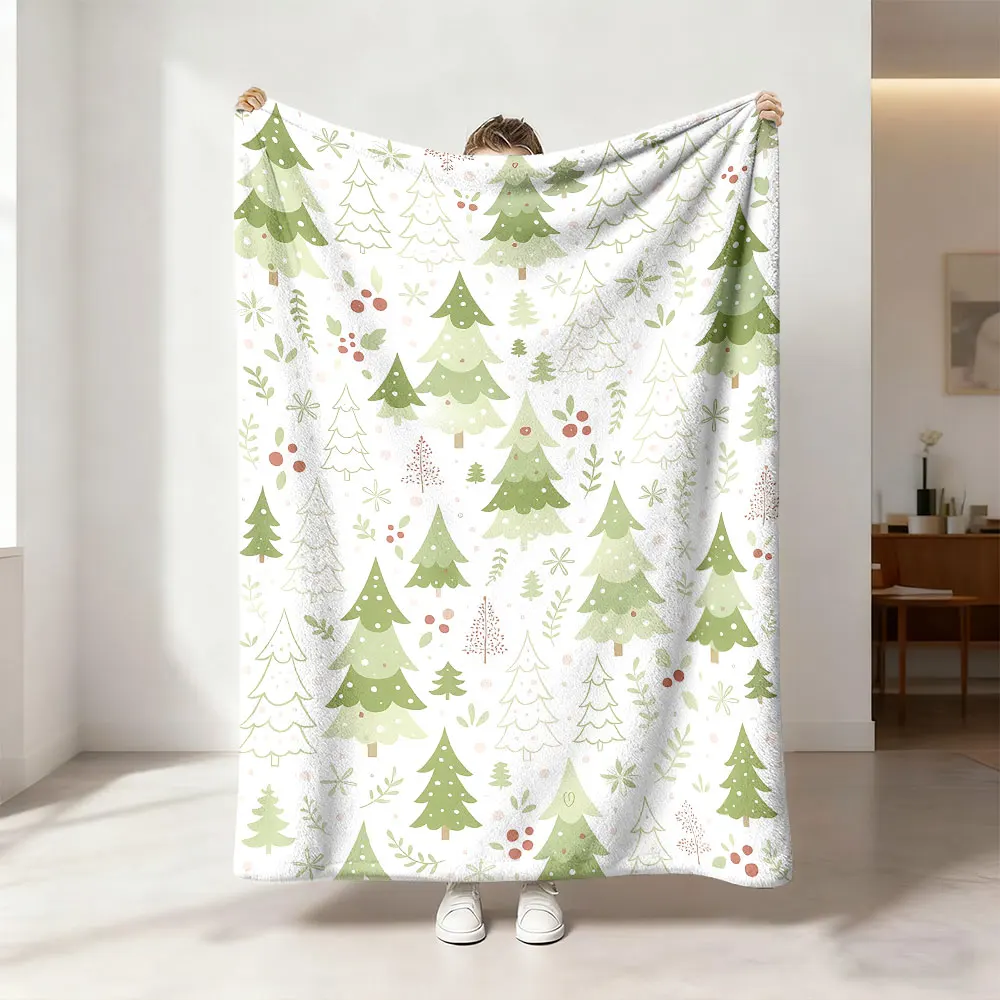 1pcs 230g flannel blanket with a Christmas-themed green pine tree pattern, soft and comfortable to use.