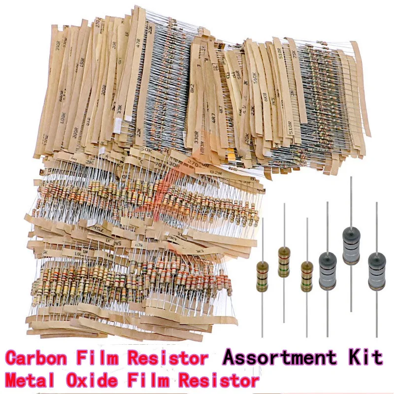 Through-Hole 4-Band Carbon Film Resistor Assortment Kit, Mixed Metal Oxide Film Resistors 1/8W 1/4W 1/2W 1W 2W 3W 5W
